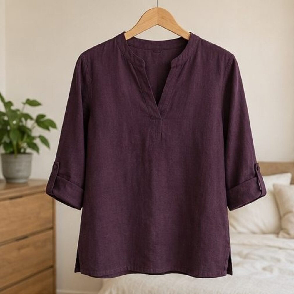 Plum Linen Notch Neck Blouse